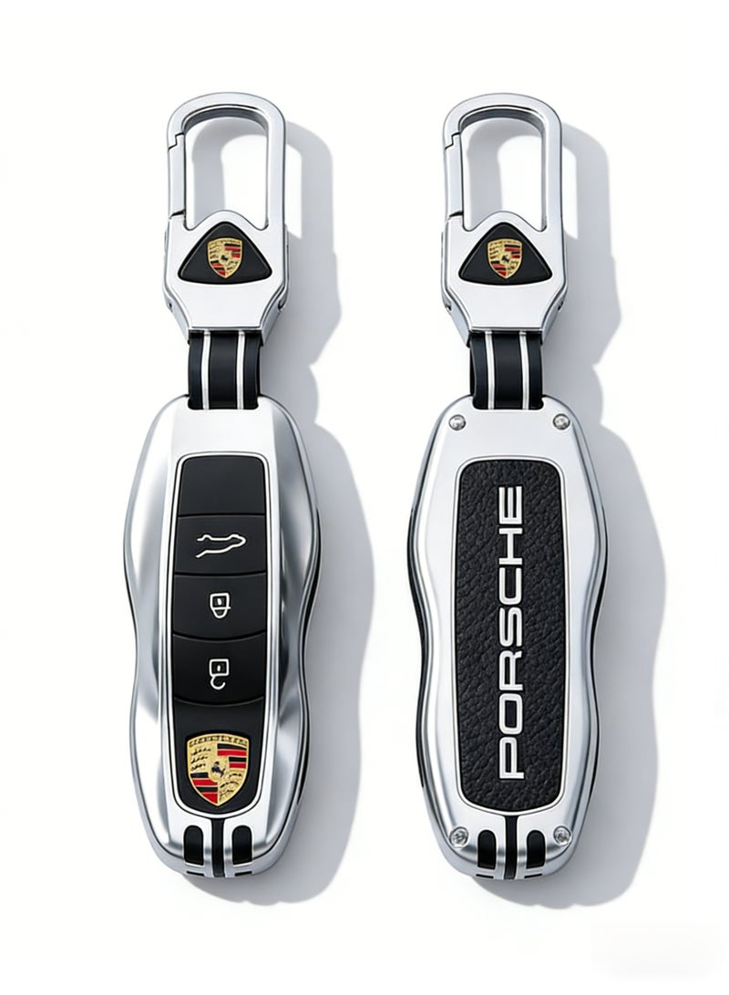 Porsche Silver & Black Premium Key Fob Case with Leather Strap & Logo Keychain – Compatible with Porsche Cayenne, Panamera, 911, 718 Models (please purchase according to your own key style) - Image 1